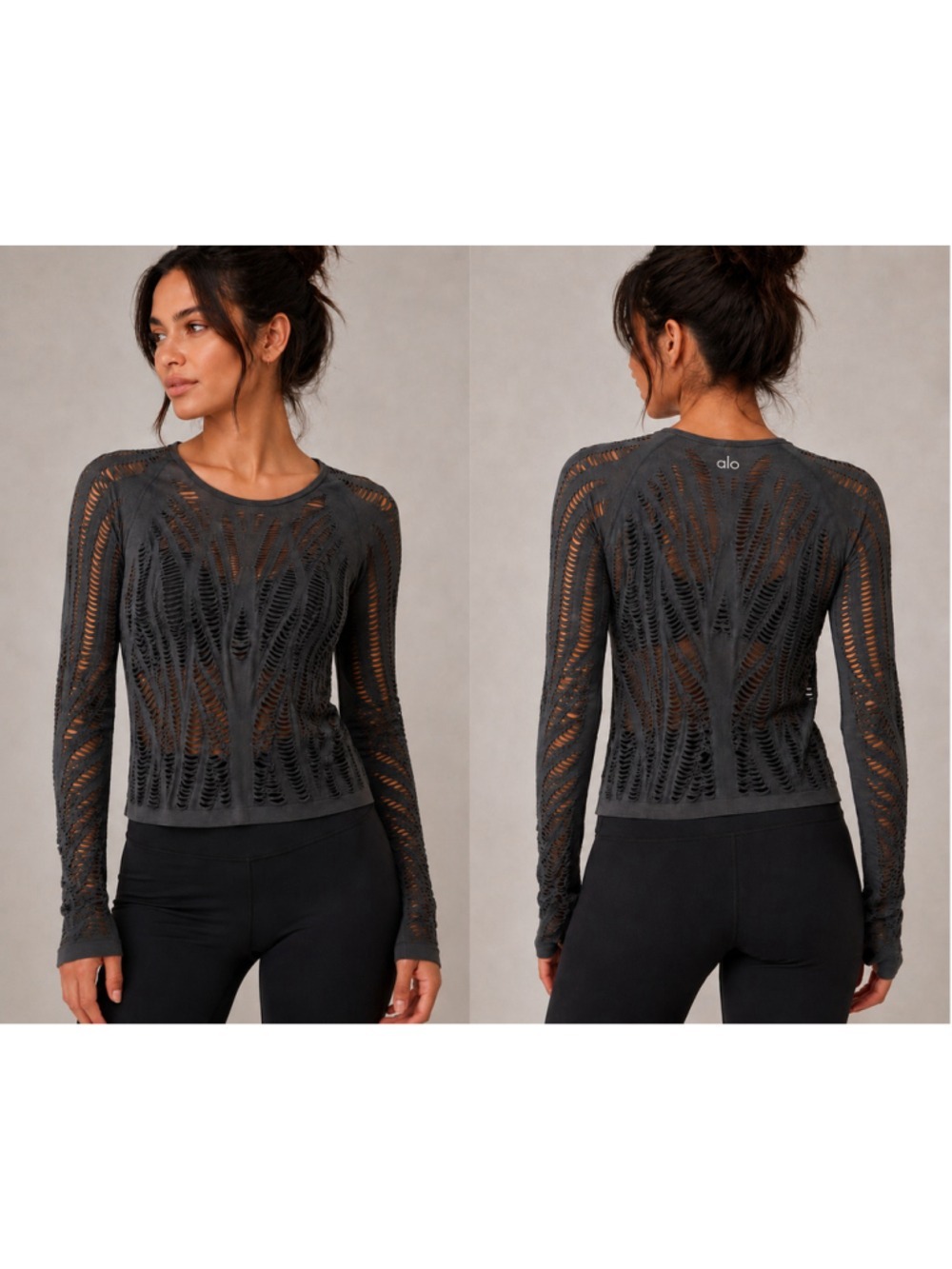 ALO Yoga Gray Open-Weave Long Sleeve Top size S